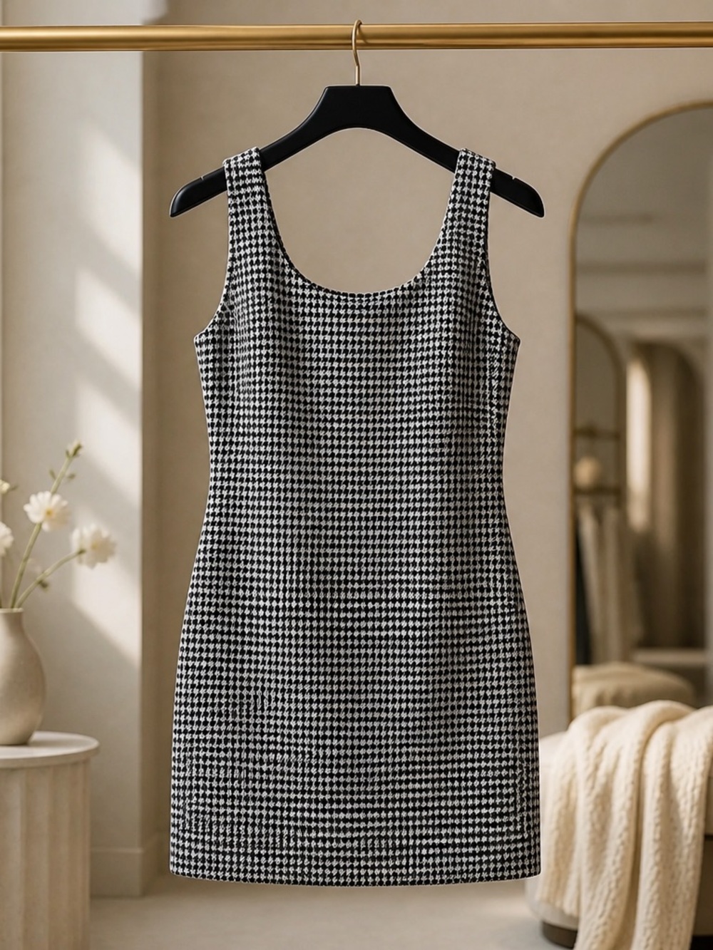 Sleeveless Houndstooth Mini Dress - Black & White